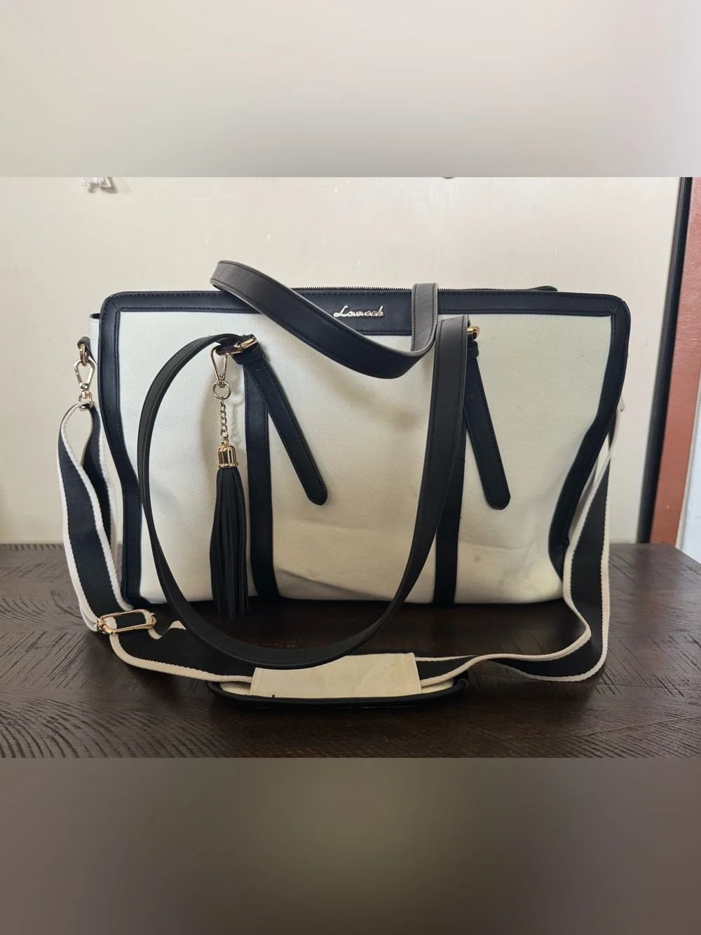 LOVEVOOK Canvas Laptop Tote Teacher Work Bag Black Cream-White